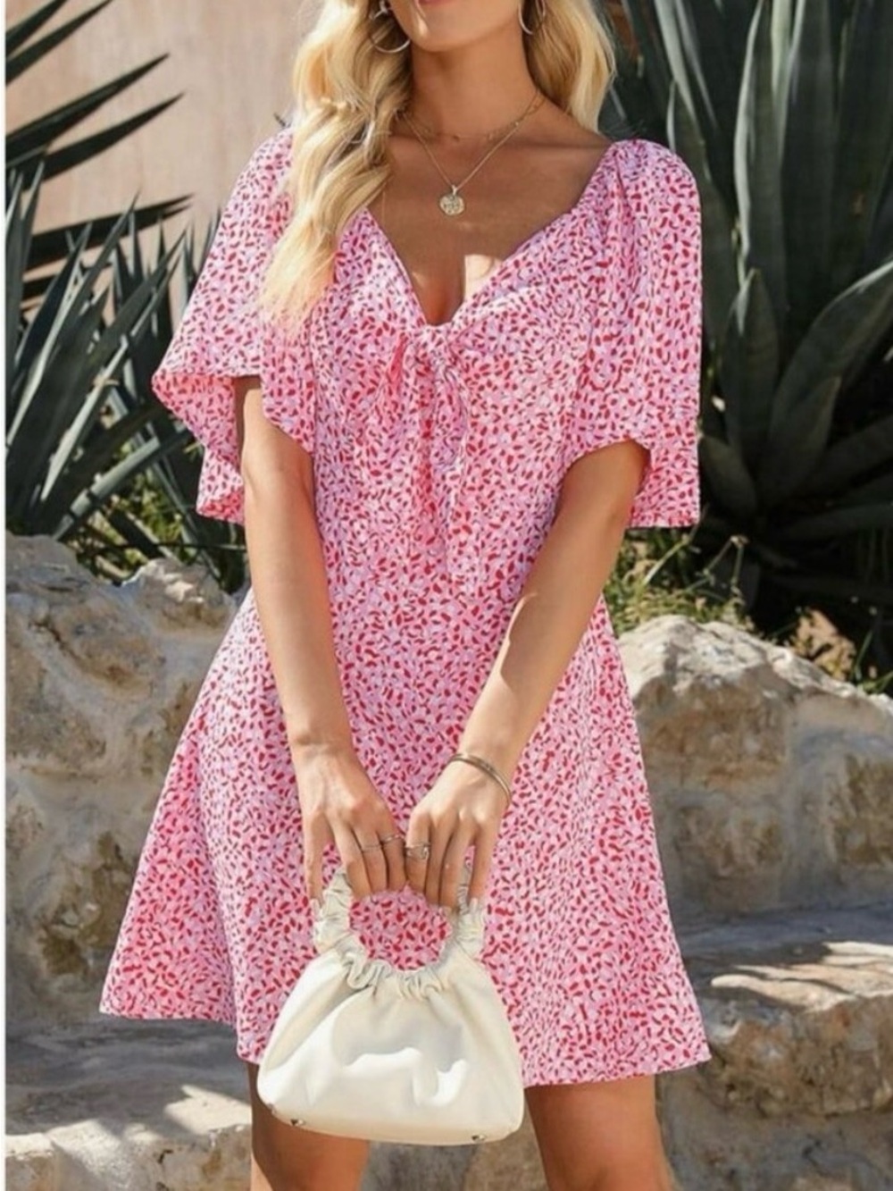 NWT Dokotoo Pink Red Abstract Floral Print Tie Front Puff Sleeve Mini Dress Med